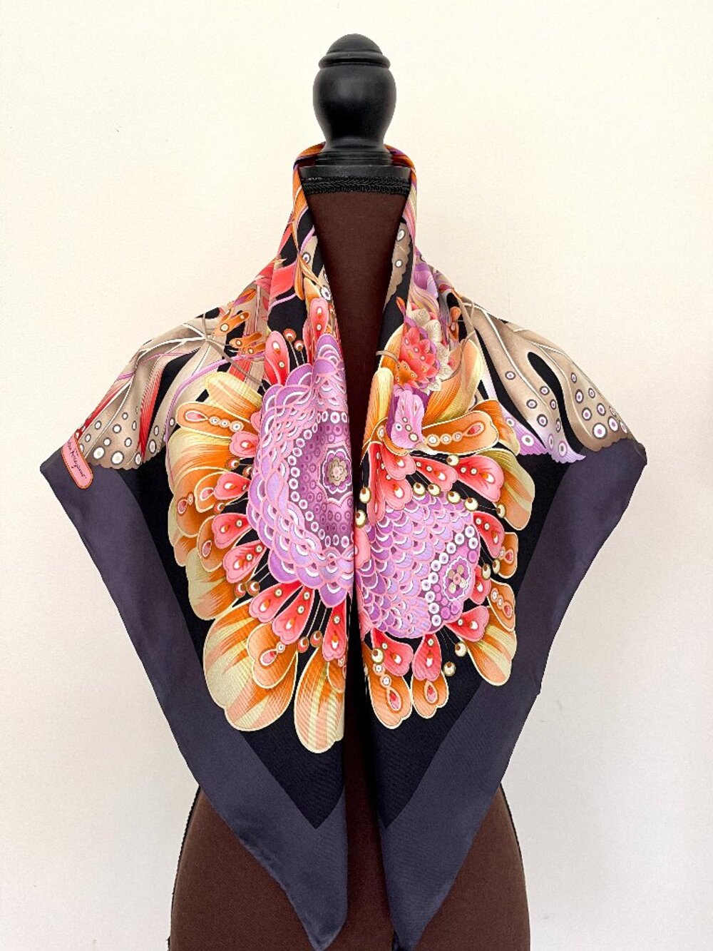 NWT Salvatore Ferragamo Garden Flowers Black Silk Scarf